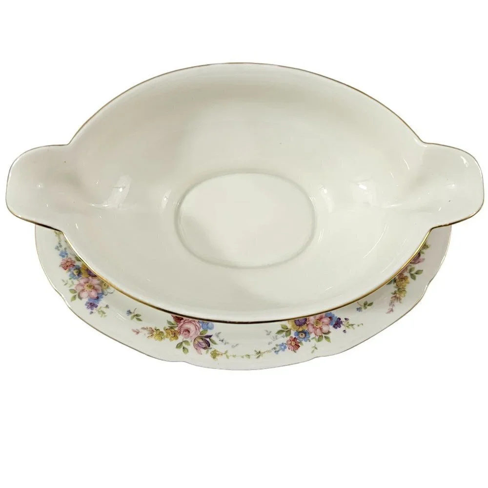 Imperial Bohemian Fine China Floral Print Gravy Boat w/Underplate Czechoslovakia